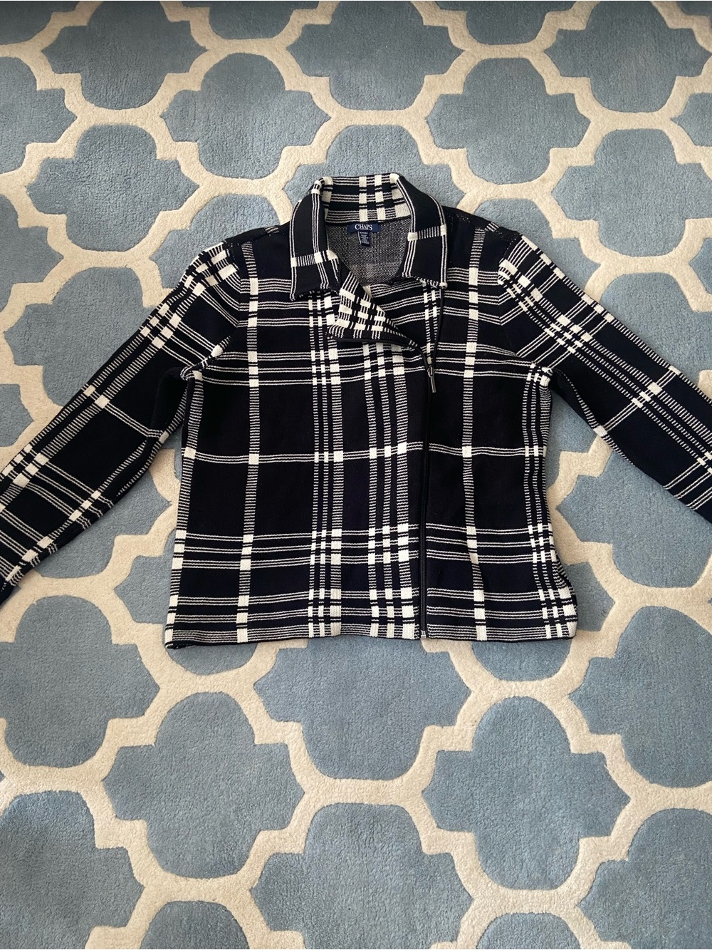 Chaps Black and White Plaid Knit Moto Jacket/Blazer - Picture 2 of 12